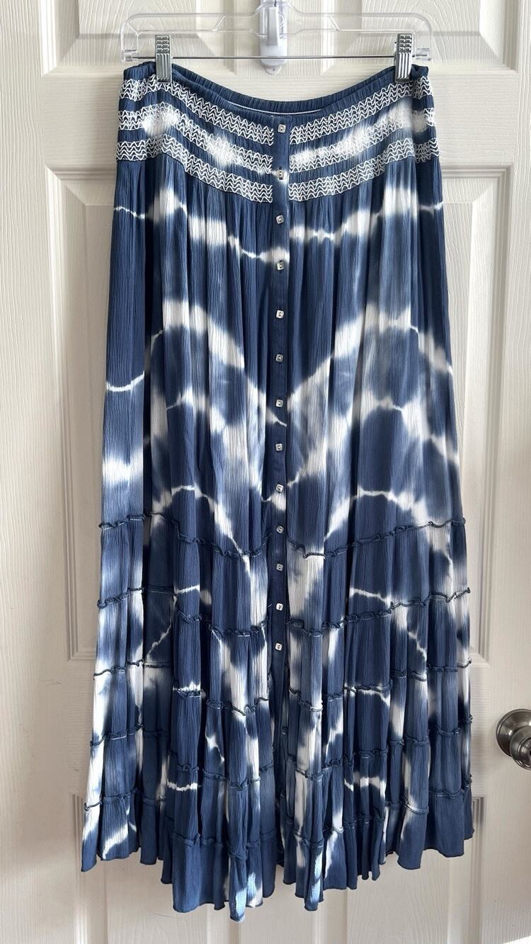 JOHN MARK Blue Tie Dye Smocked Waist Tiered Midi Skirt Coastal Hippie Sz M
